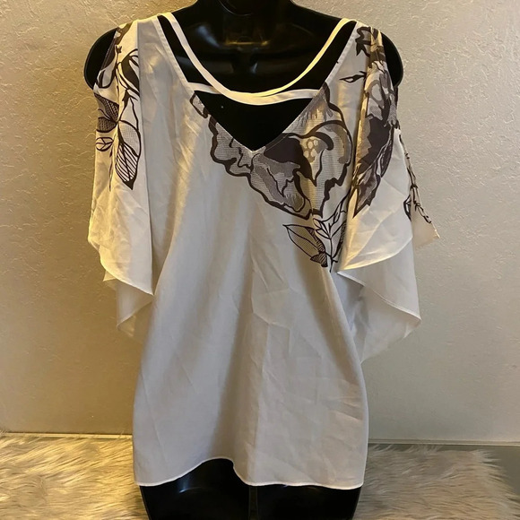Guess Women’s Small Floral Print Off-Shoulder Blouse White Criss-Cross Back Top - Picture 14 of 15